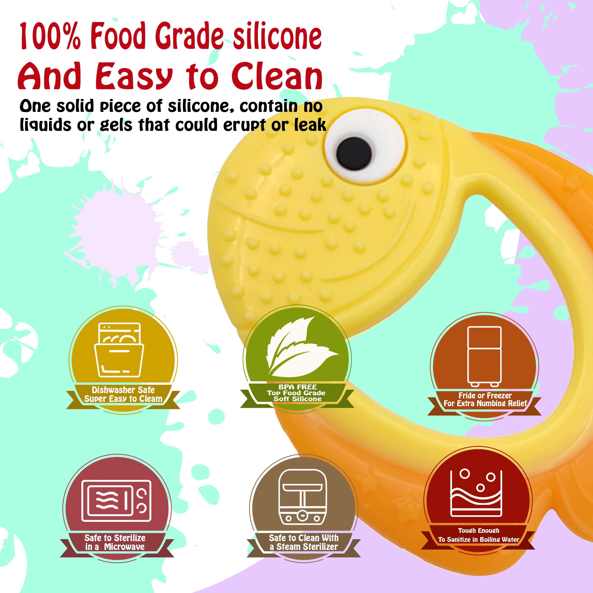Bebe Mondo teether features food-grade silicone for safe chewing and gentle relief.