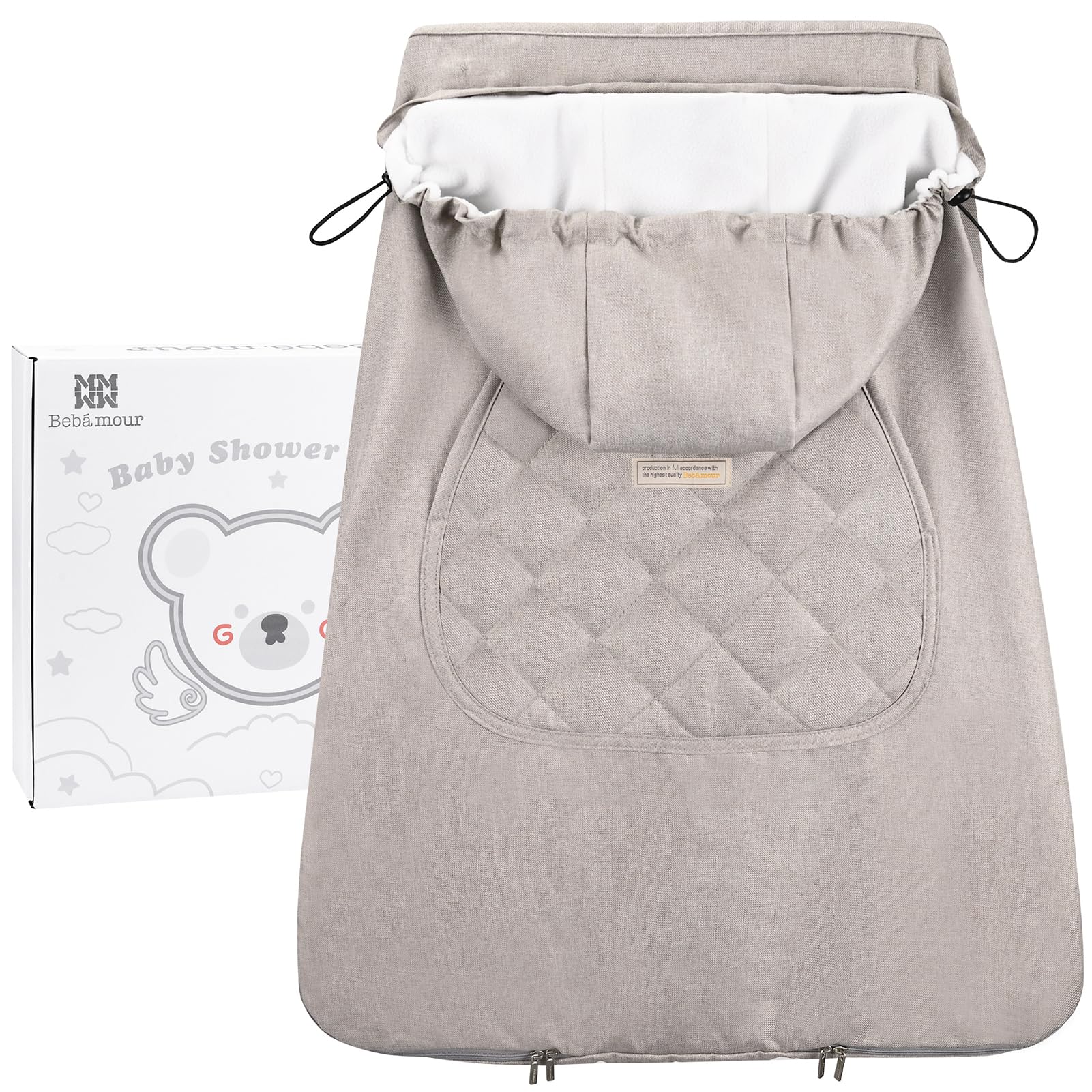 bebear winter cover for baby carrier, front view, keeps baby warm and ready for strolls