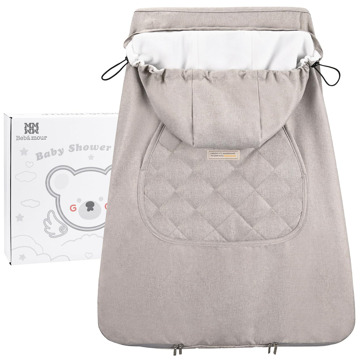 bebear winter cover for baby carrier, front view, keeps baby warm and ready for strolls