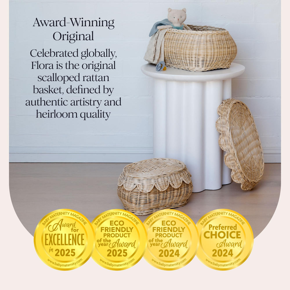 BEBE BASK Flora woven rattan basket shows natural durability.
