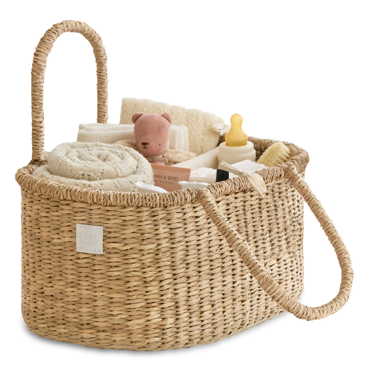 BEBE BASK premium diaper caddy in seagrass basket keeps essentials organized and stylish.