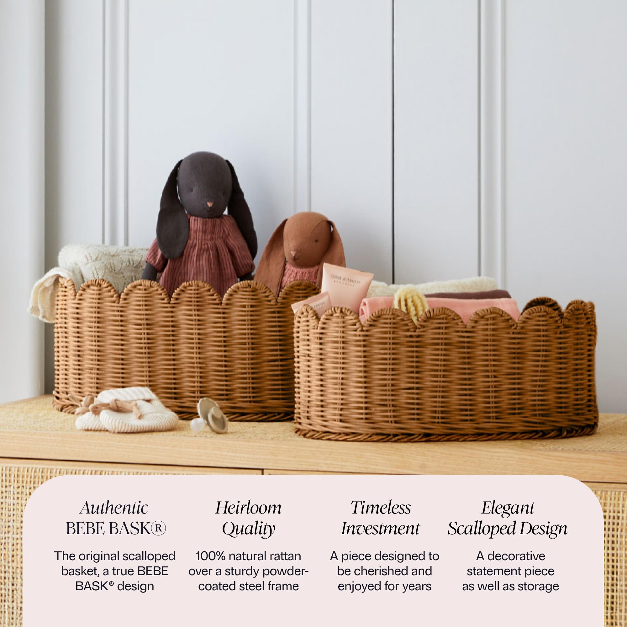 BEBE BASK scalloped-edge handwoven wicker basket highlighting durable craft for shelves