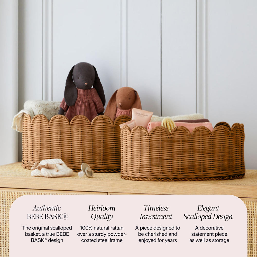 BEBE BASK scalloped-edge handwoven wicker basket highlighting durable craft for shelves