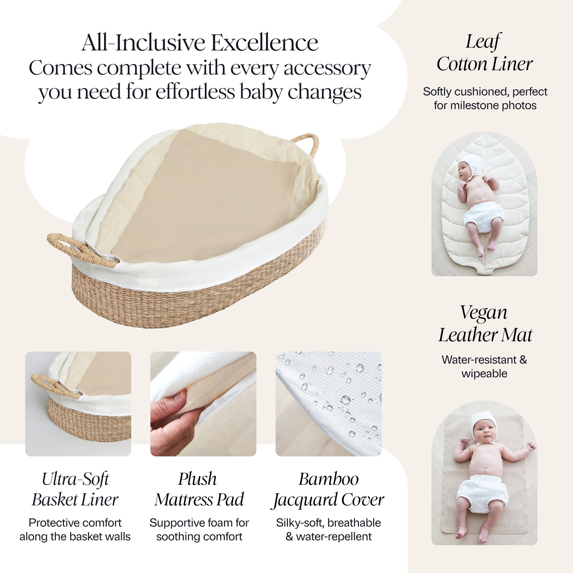 BEBE BASK vegan leather changing mat is wipe-clean and water-resistant.