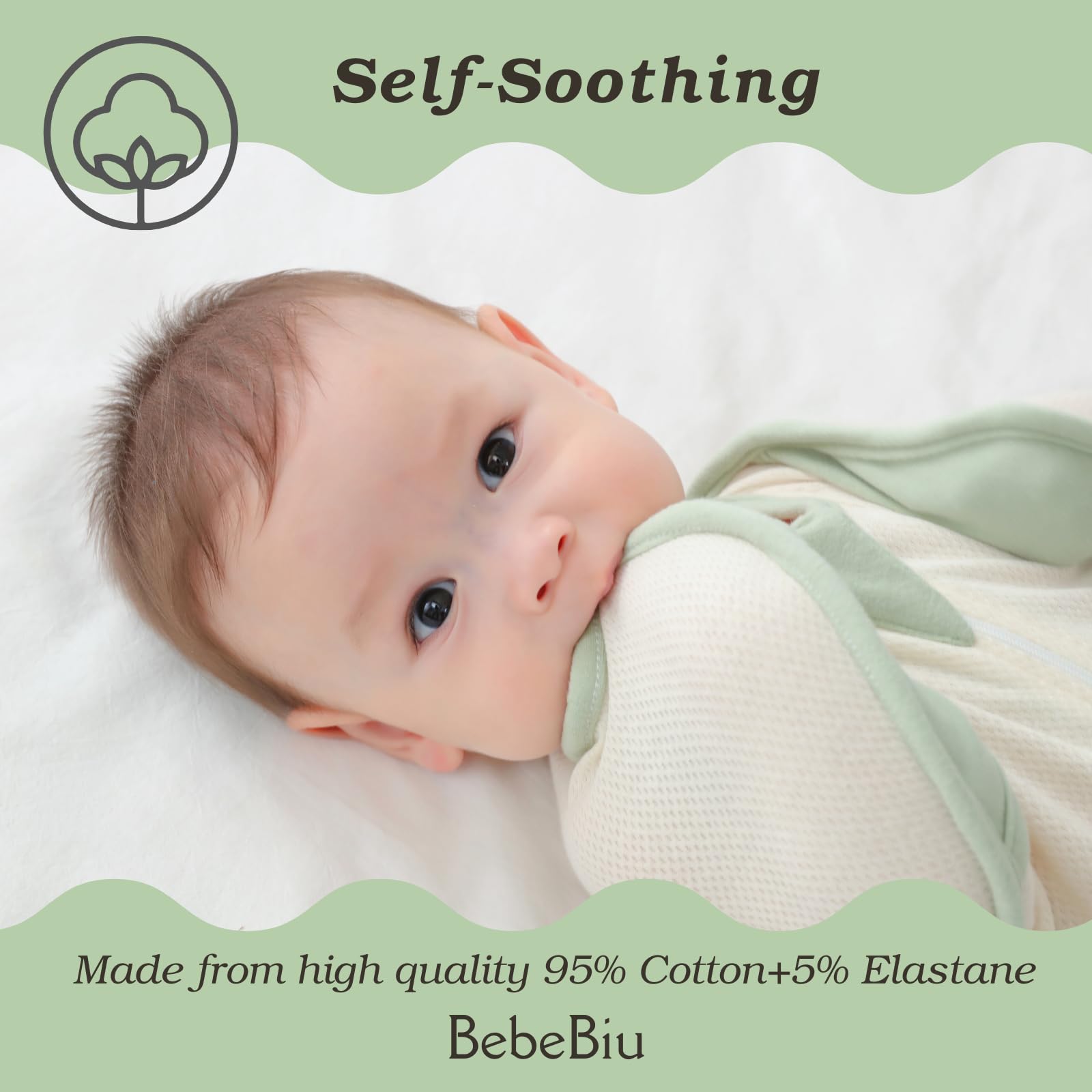 BebeBiu arms-in/out swaddle design supports growing baby