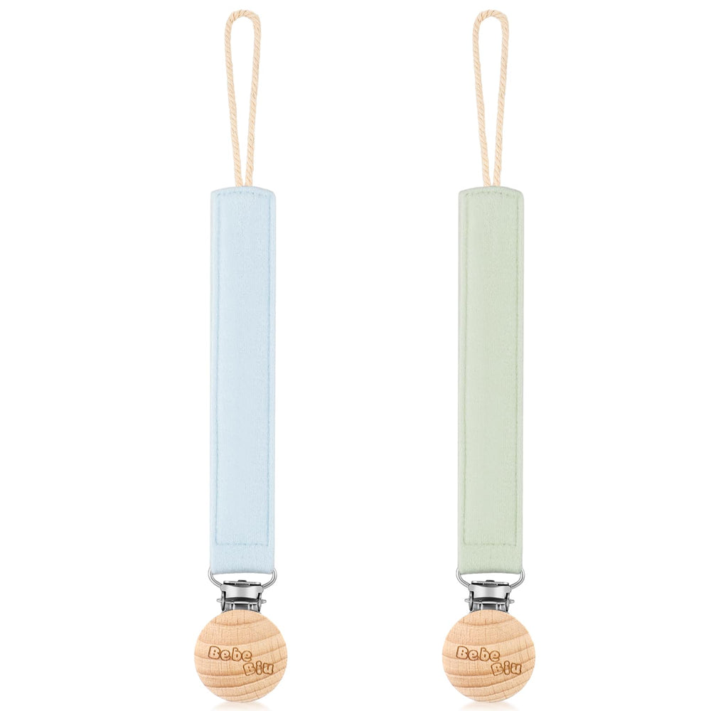 BebeBiu pacifier clip with sage-ether soft fabric close-up, gentle touch for baby