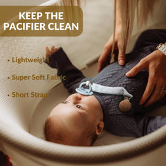 BebeBiu travel-friendly pacifier clip shown with diaper bag