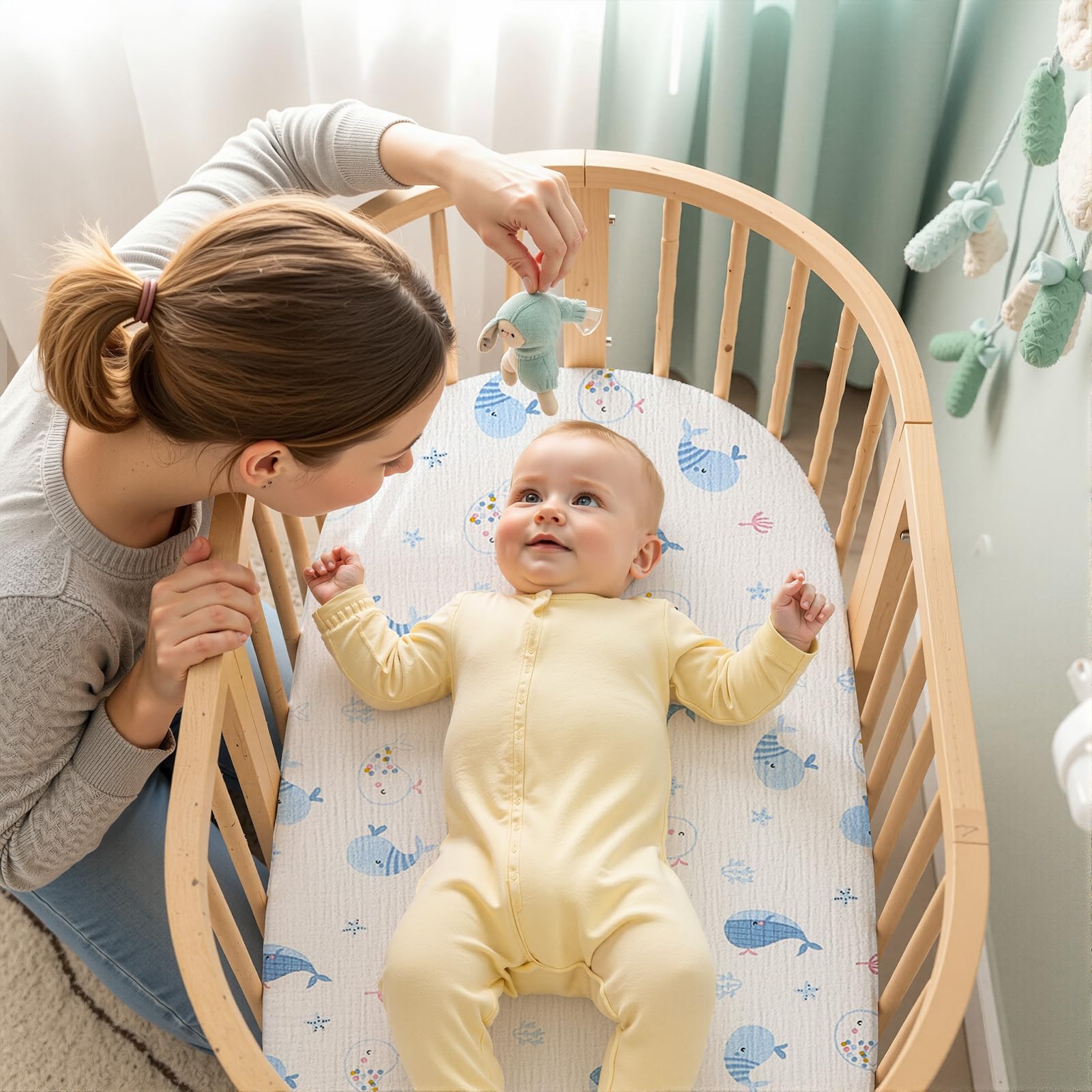 BeBeJoJo fits standard 33x17x4 inch bassinet mattresses in multiple shapes.