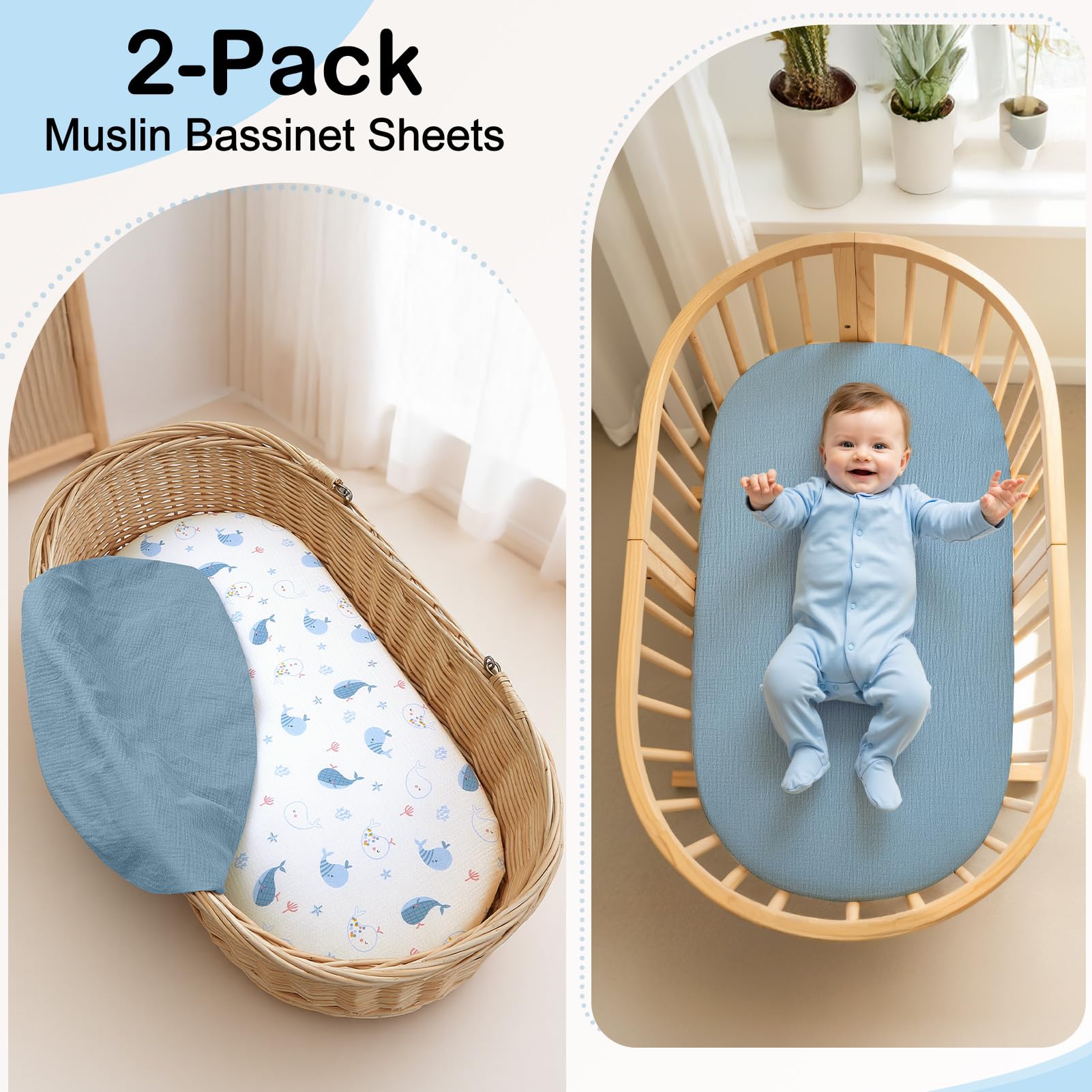 BeBeJoJo dusty-blue bassinet sheets add a calm nursery touch.