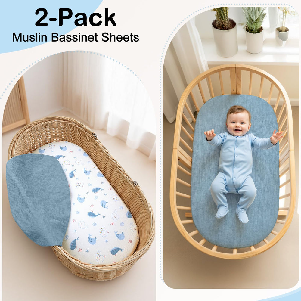 BeBeJoJo dusty-blue bassinet sheets add a calm nursery touch.
