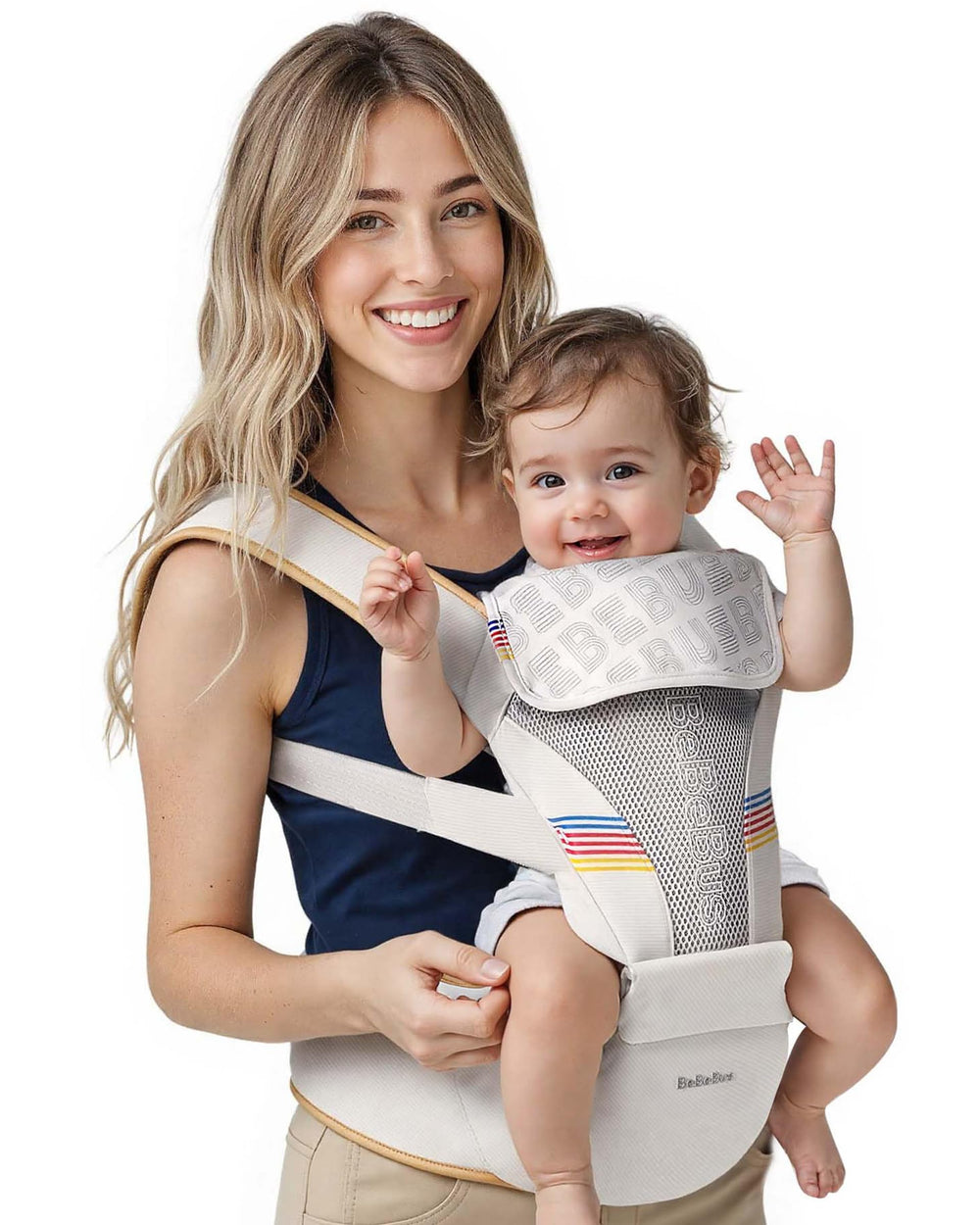 BeBeBus 2-in-1 carrier with hip seat supports growing babies.