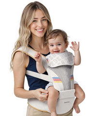 BeBeBus 2-in-1 carrier with hip seat supports growing babies.