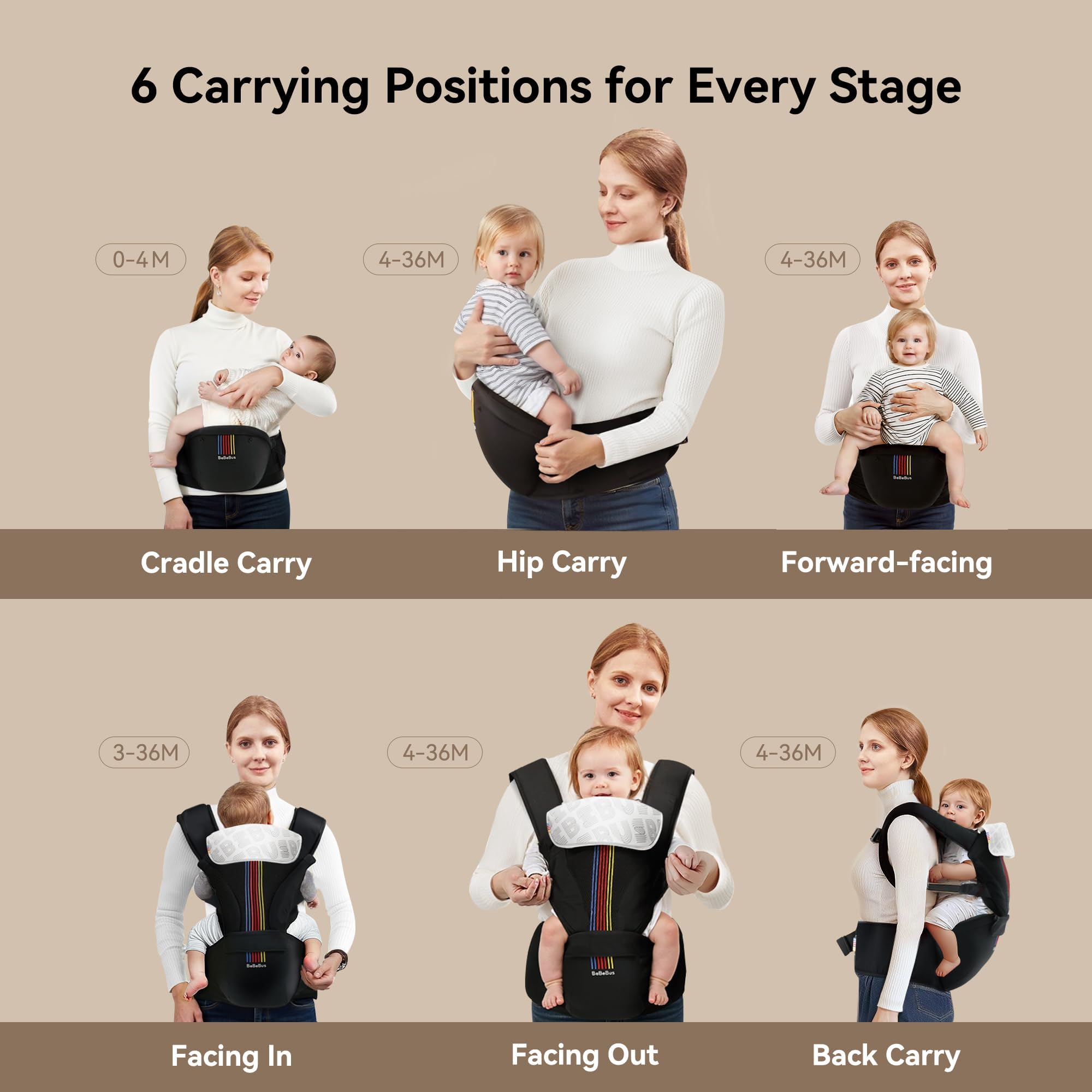 BeBeBus ergonomic carry positions for versatile daily use.