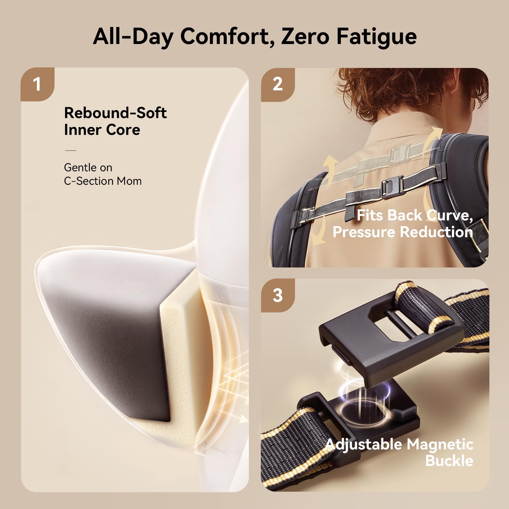 BeBeBus hip seat promotes natural seated position for comfort.