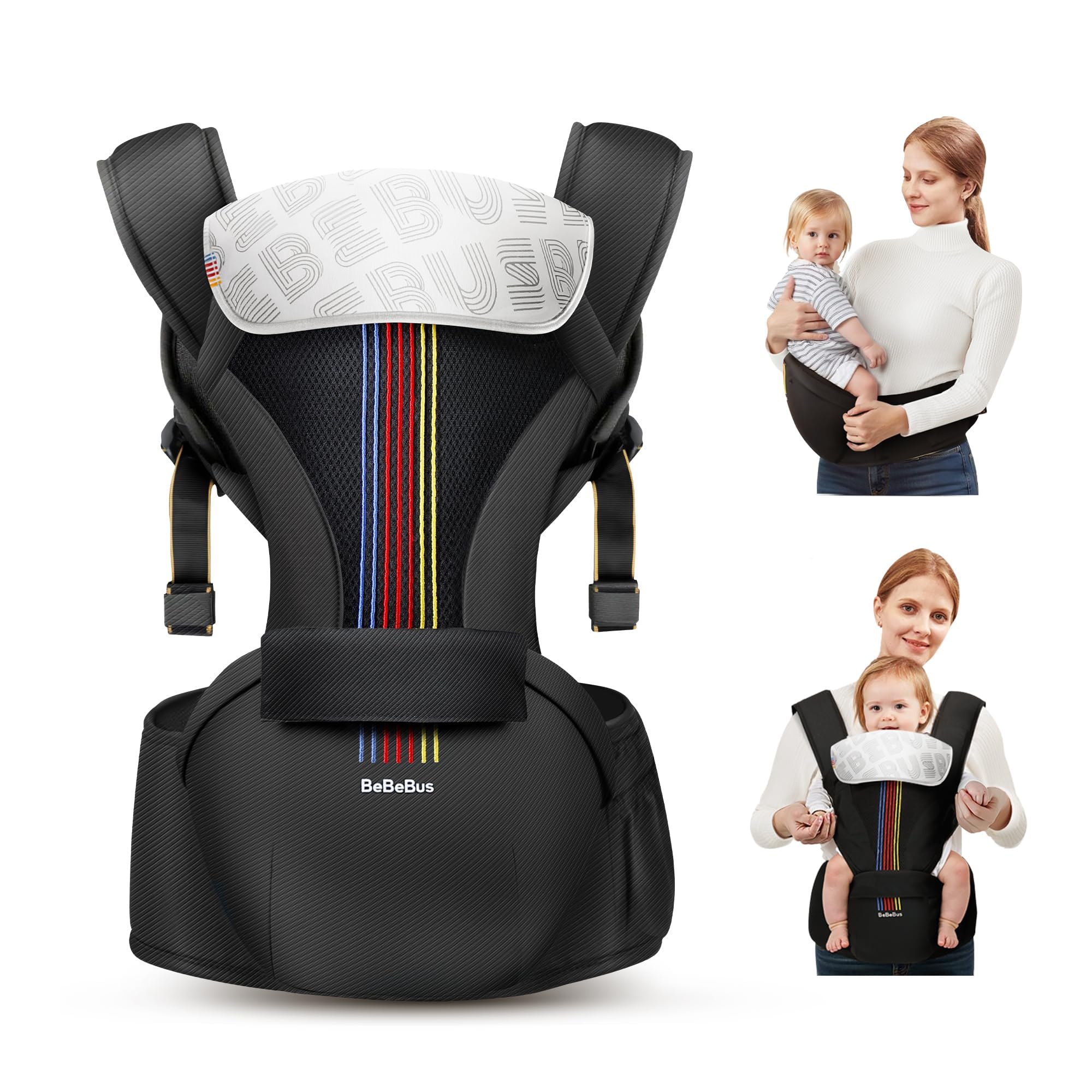 BeBeBus adjustable waist fits 29.5 to 38.5 inches.