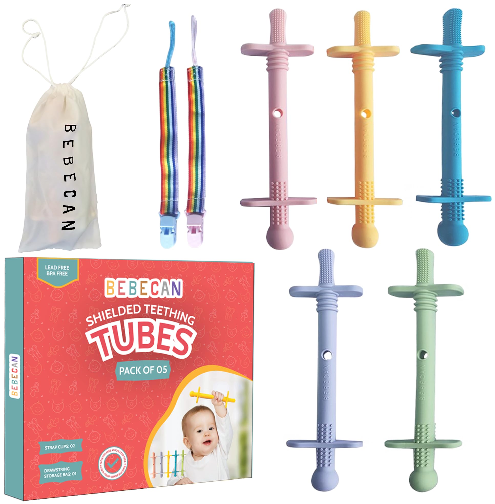 Bebecan shielded teething tubes with end shields for safe chewing and comfort