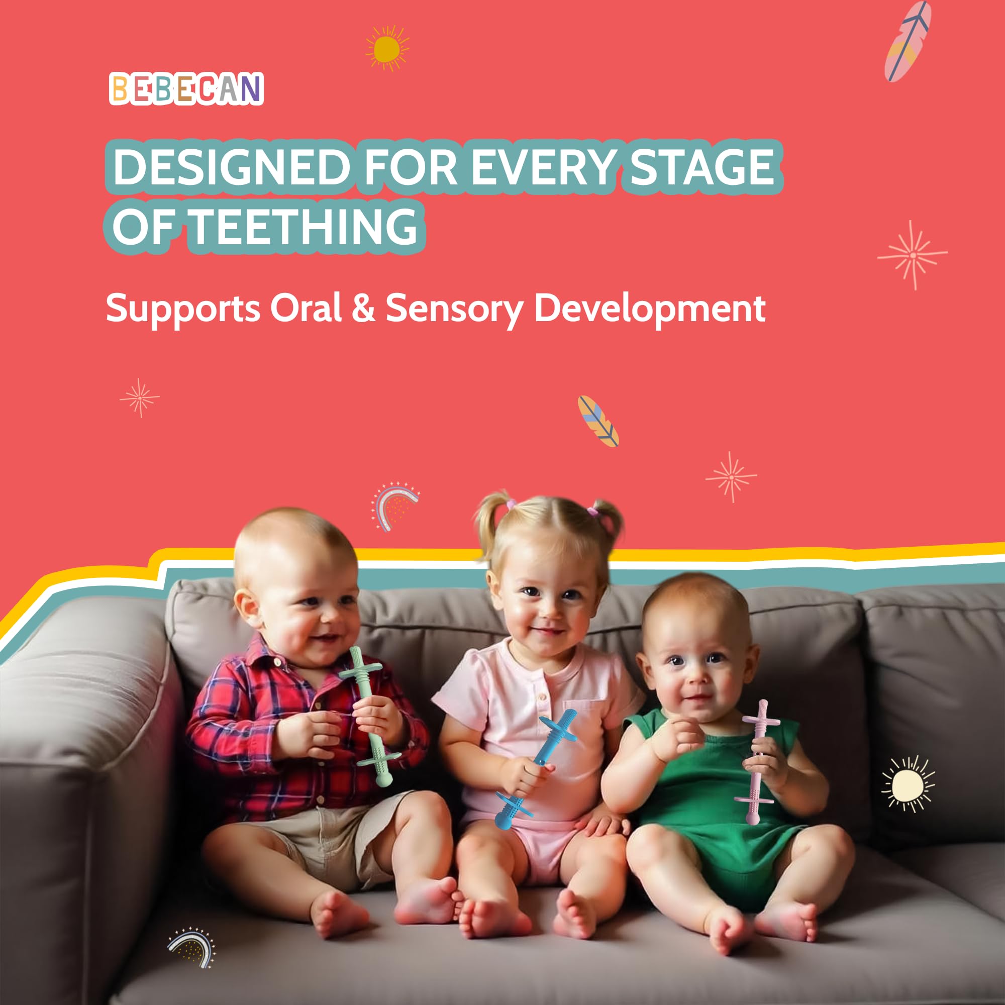 Two teether clips and brushes for easy cleaning and secure attachment