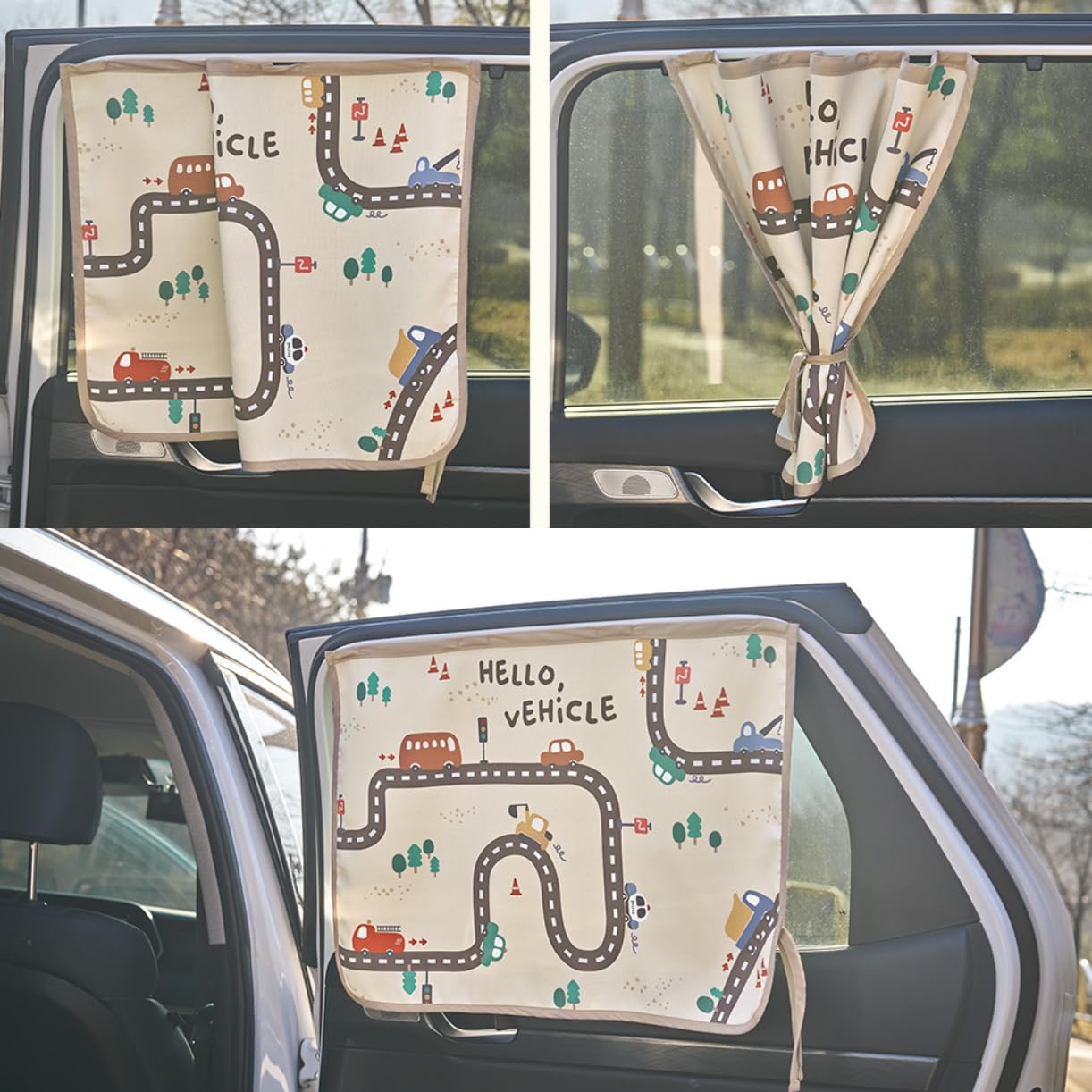 Bebedeco sun shade curtain demonstrates quick installation for shielded passengers.
