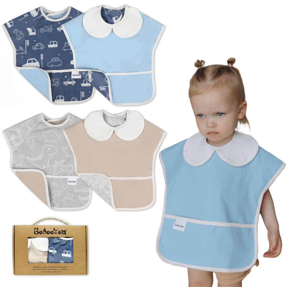 Bebeezoo GrandeBib reversible design offers versatile mealtime protection.