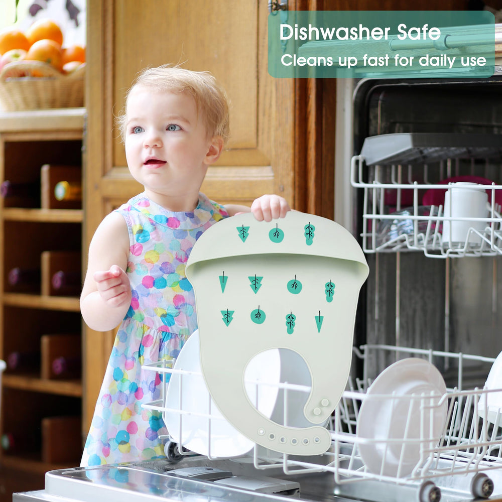 Easy-clean silicone bibs wipe clean quickly after meals.