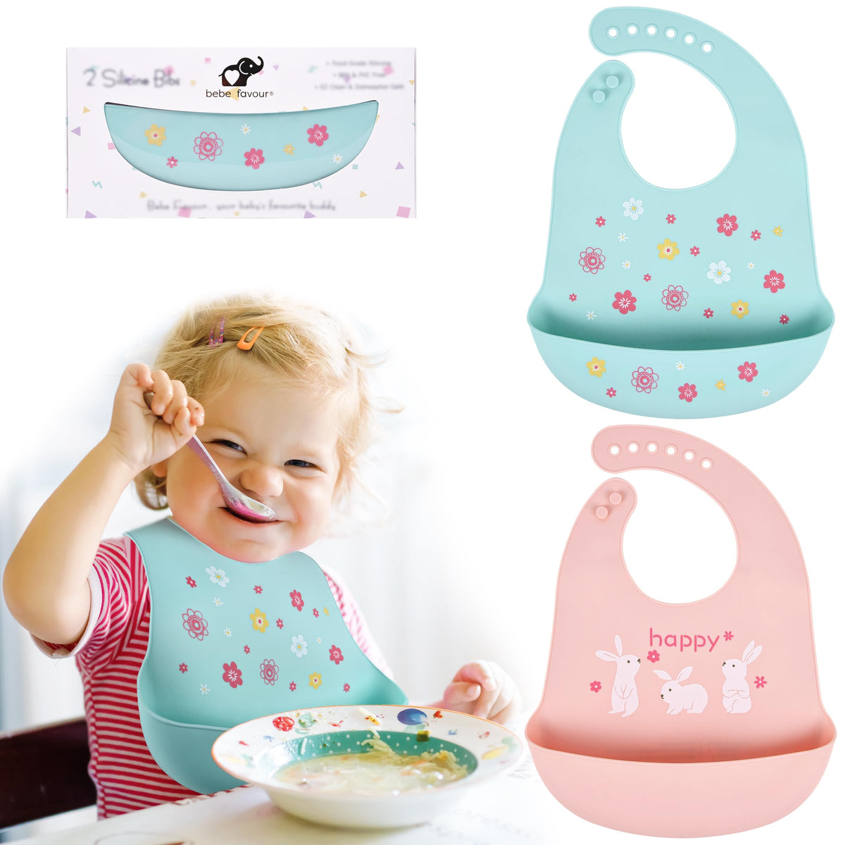 Bebe Favour teal flowers bib with adjustable neck for growing babies