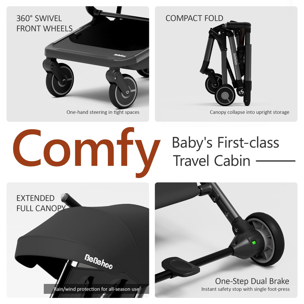 Bebehoo stroller with full canopy shields baby from sun while traveling.