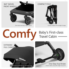 Bebehoo stroller with full canopy shields baby from sun while traveling.