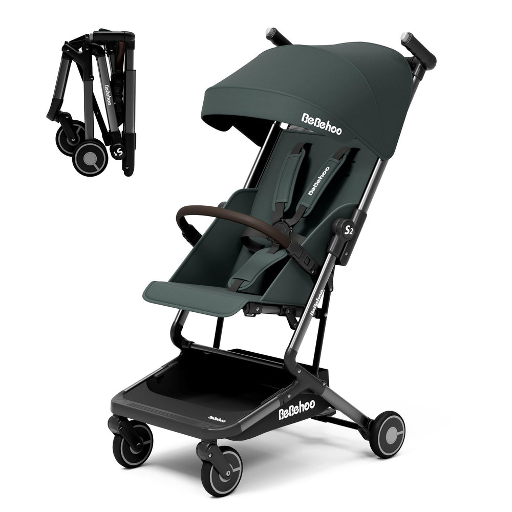Bebehoo stroller folds with one hand for car trunk and plane storage.