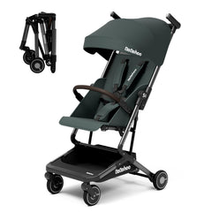 Bebehoo stroller folds with one hand for car trunk and plane storage.
