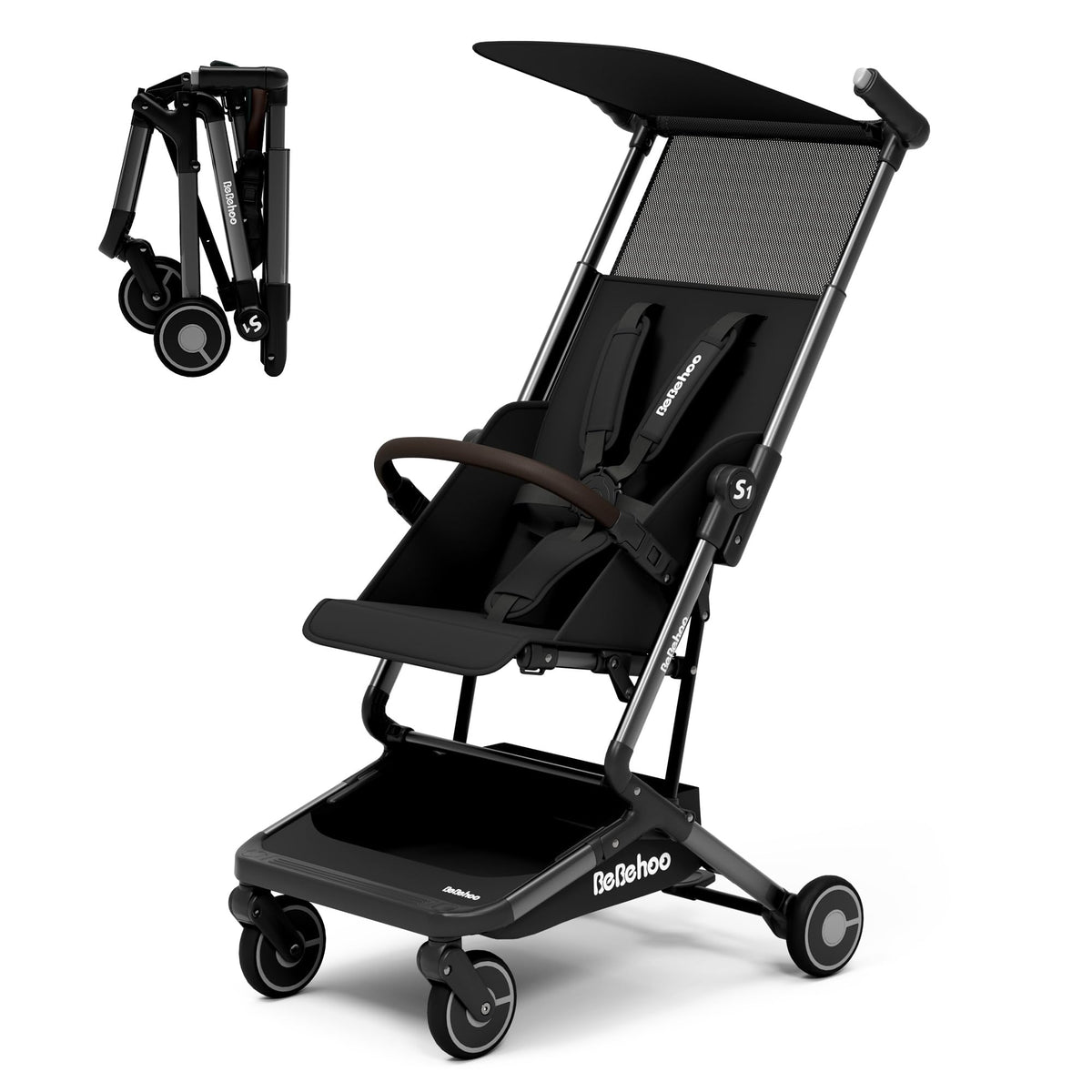 Bebehoo S1 folded for easy one-handed folding and travel efficiency.