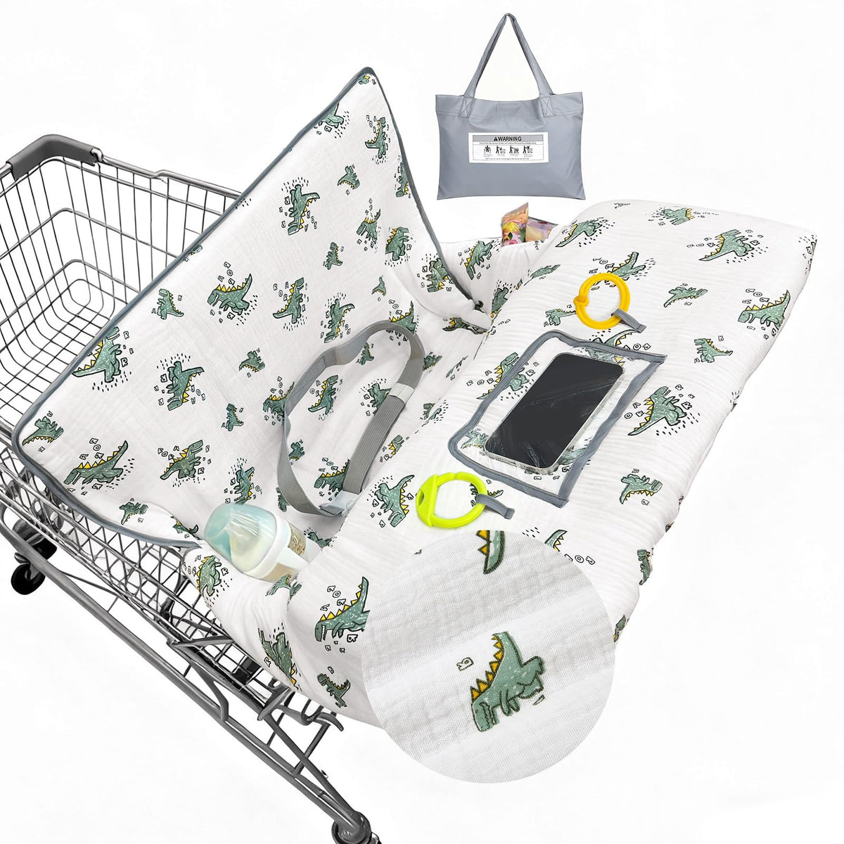 BeBeJoJo muslin cart cover: soft, breathable fabric protects baby during shopping.