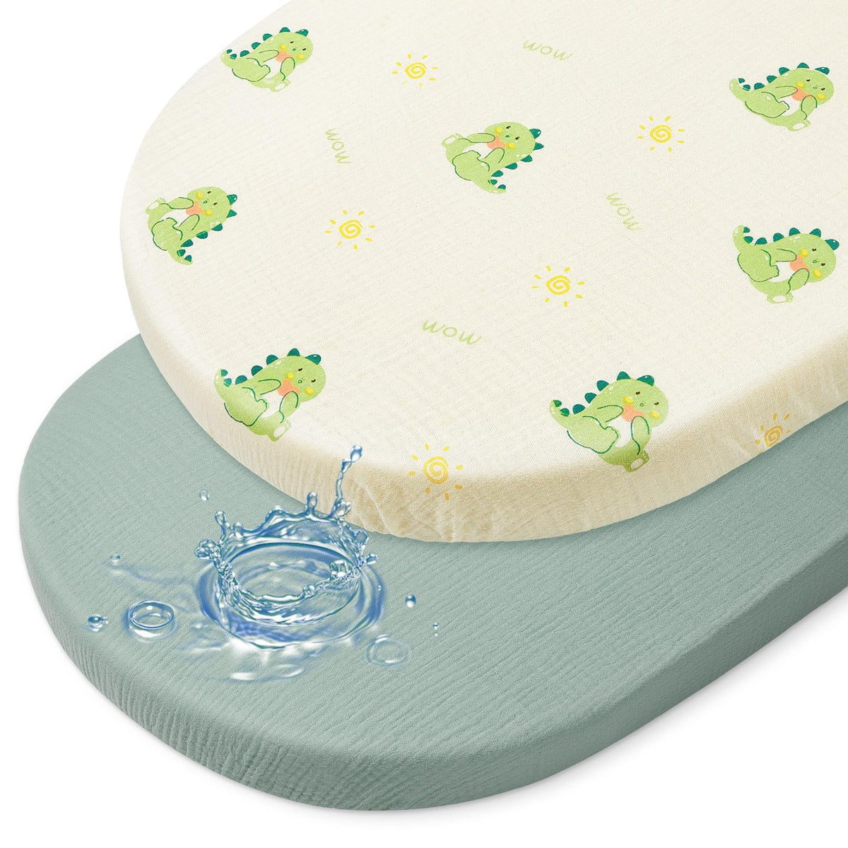 BeBeJoJo bassinet sheets with muslin top in green dinosaur pattern for gentle newborn comfort.