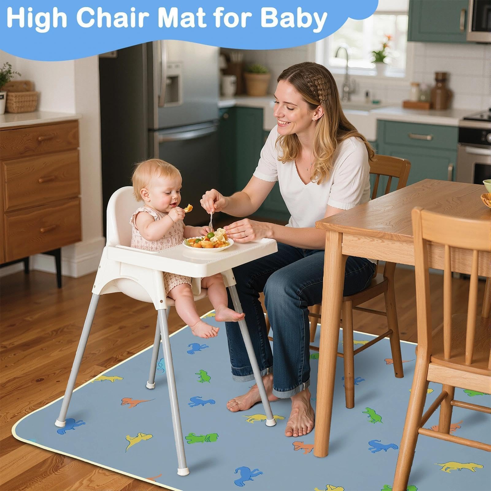 Large 42x42 inch BeBeJoJo mat covers under high chair area.