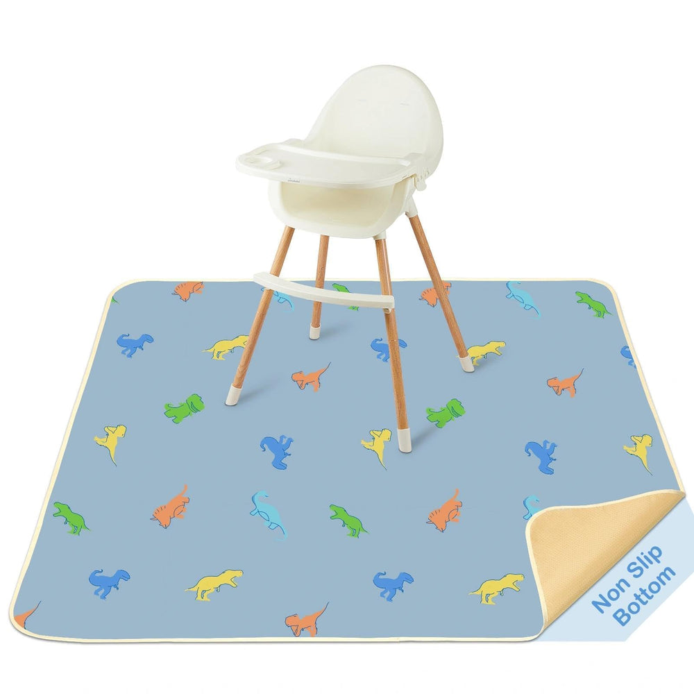 BeBeJoJo splat mat under high chair with blue dinosaur pattern protects floors from spills.