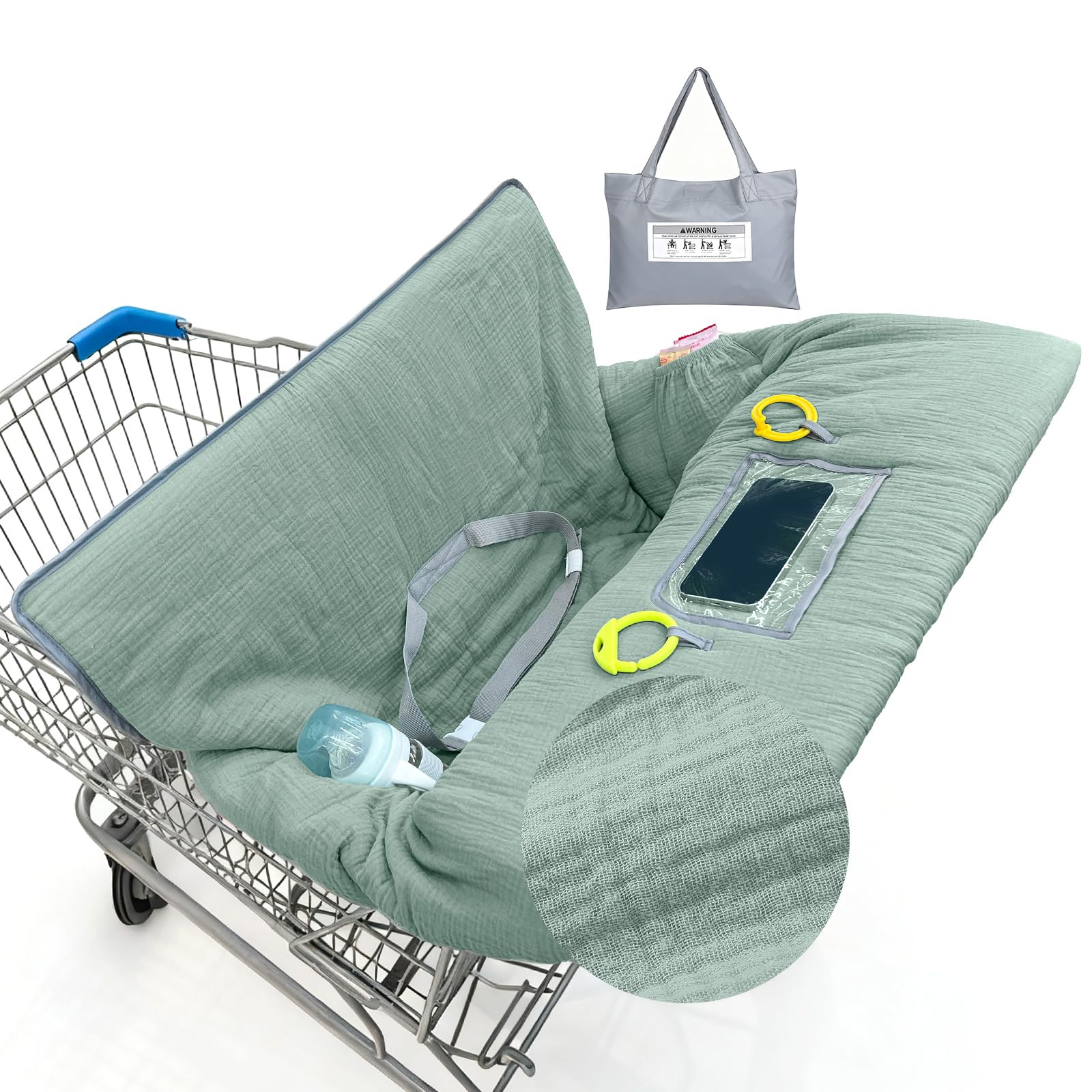 BeBeJoJo muslin cart cover in sage green provides soft-breathable comfort for shopping trips