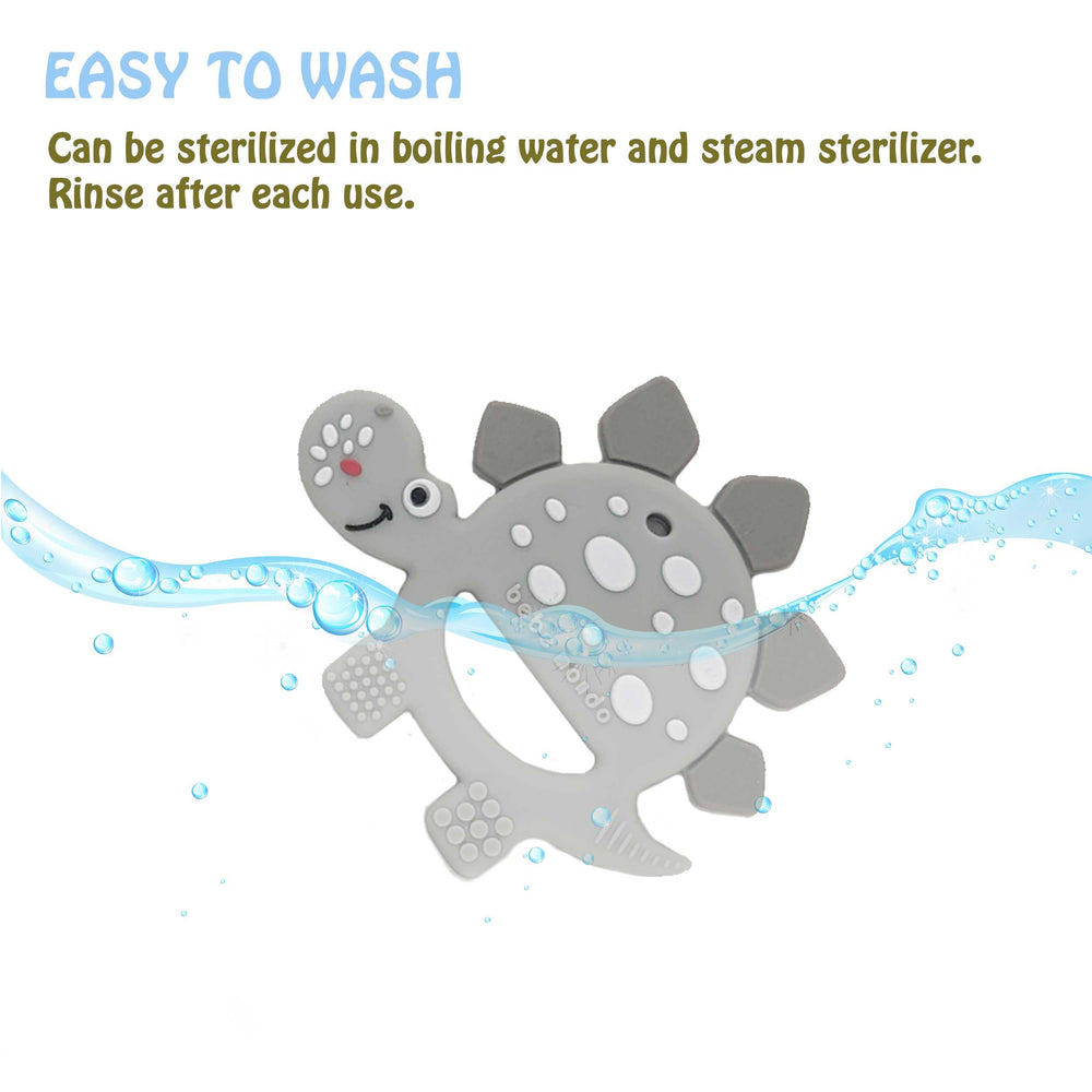 Bebe Mondo dinosaur teether soft silicone eases sore gums during teething.