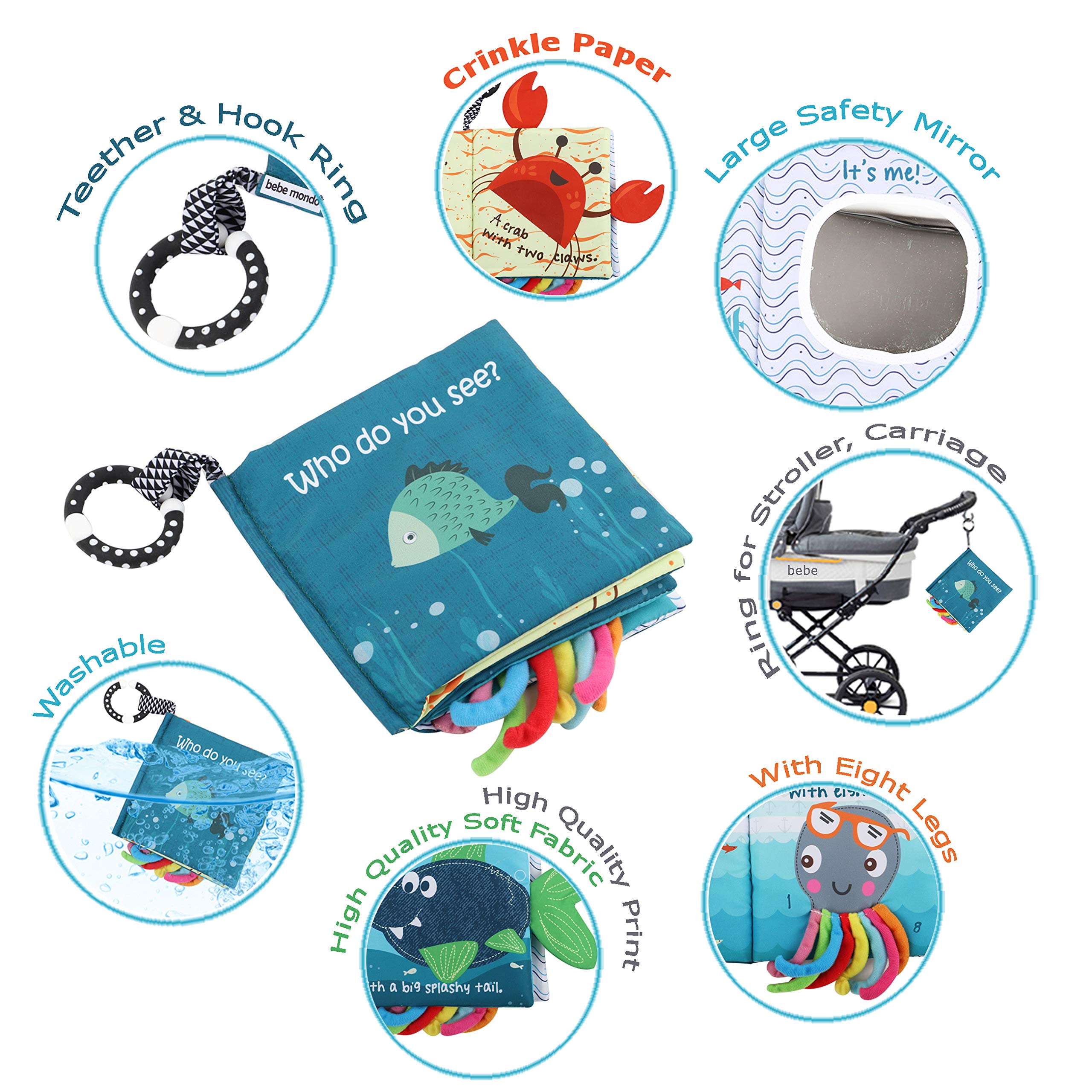 bebemondo fish baby book crinkle pages engage tactile curiosity during quiet play.