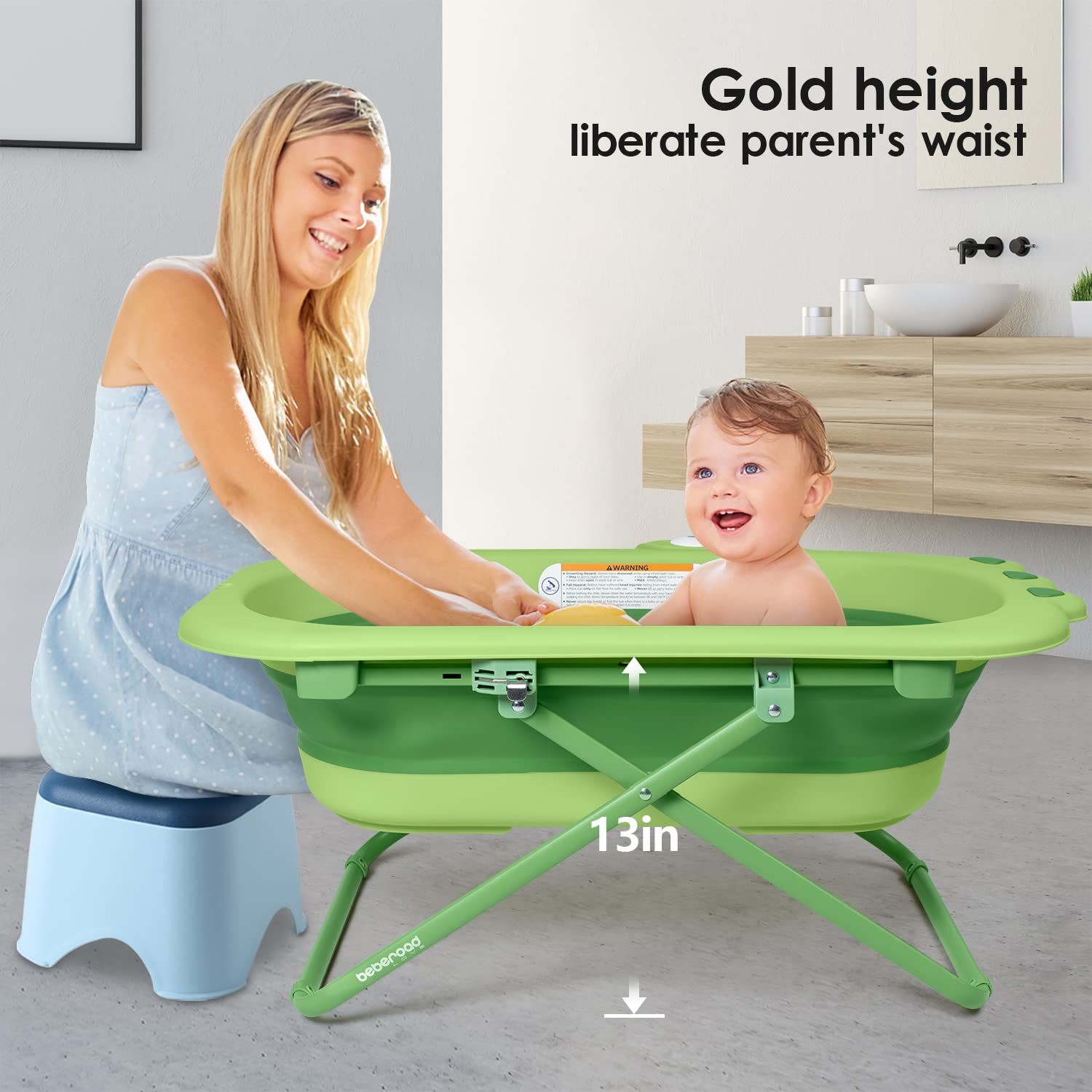 Beberoad Love collapsible baby bathtub in use with adjustable height for growing infants.