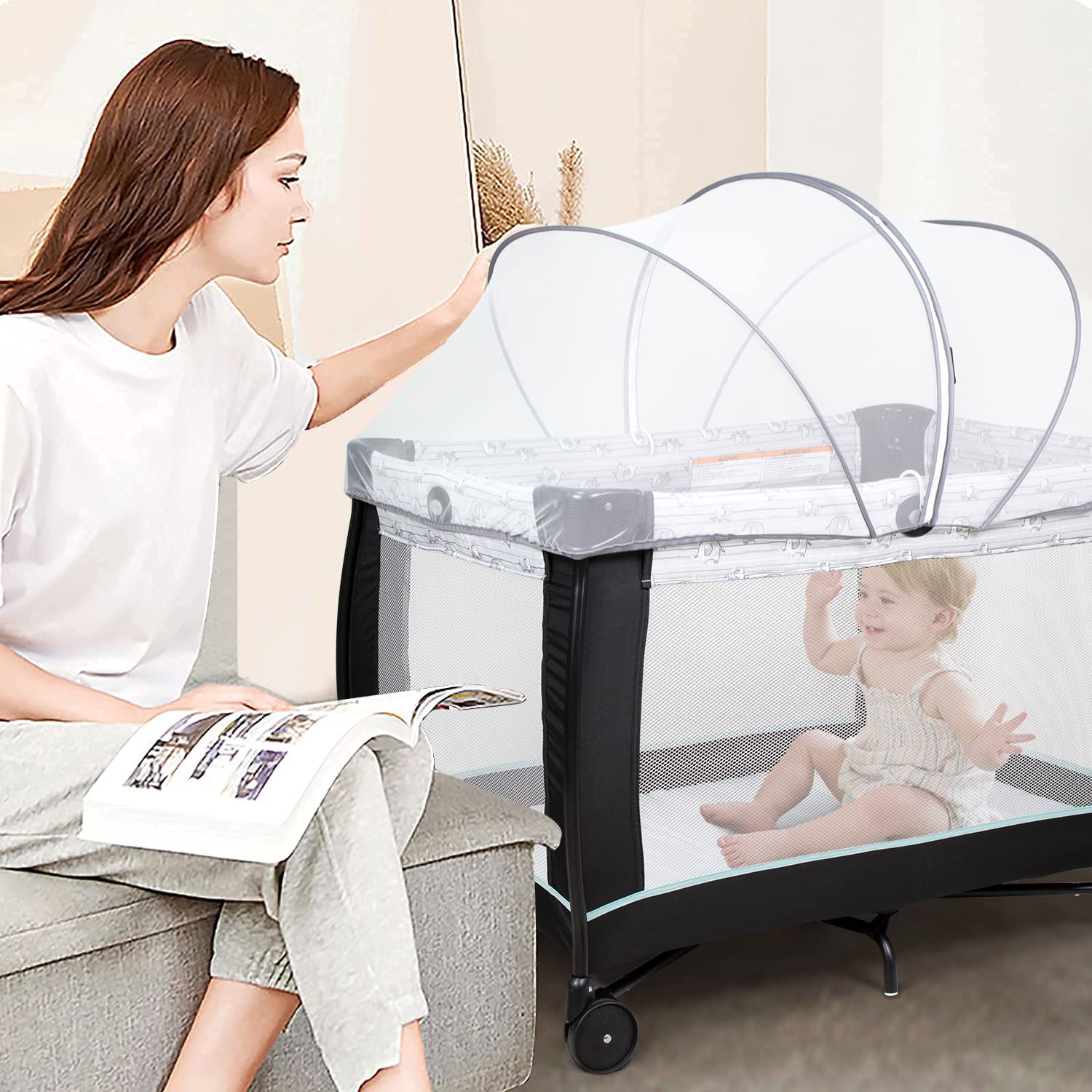 Beberoad Love easy-install playard cover shown on setup for quick use
