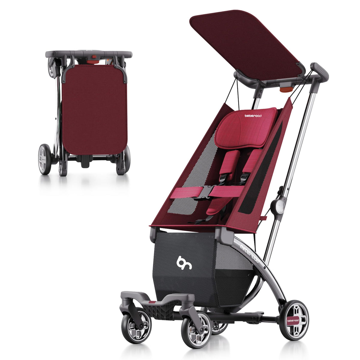 Beberoad Love R1 auto-folding stroller front view, compact travel design ideal for easy airport travel.