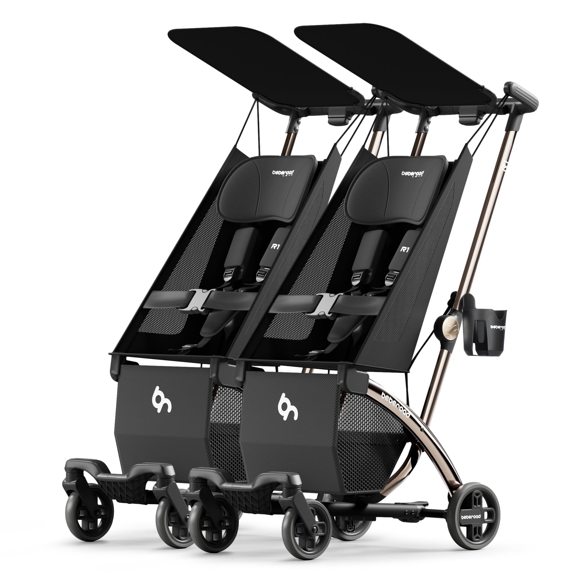 Beberoad Love R1 auto-folding twin stroller in compact fold for travel