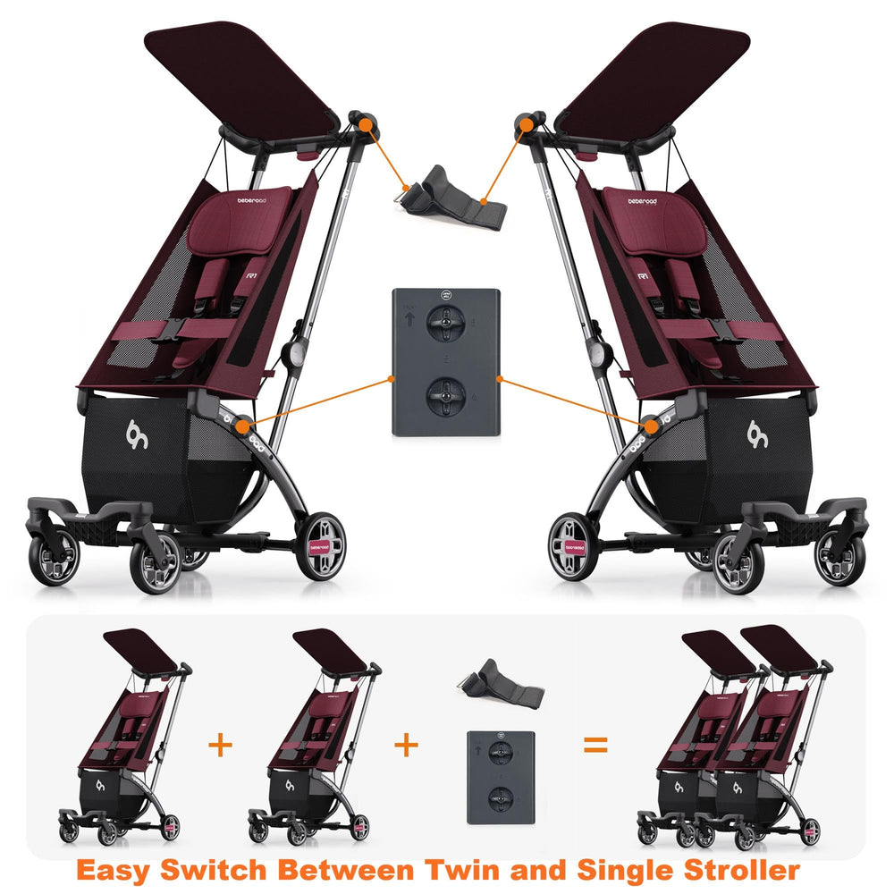Beberoad Love R1 converts to two single strollers for flexible trips.