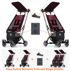 Beberoad Love R1 converts to two single strollers for flexible trips.