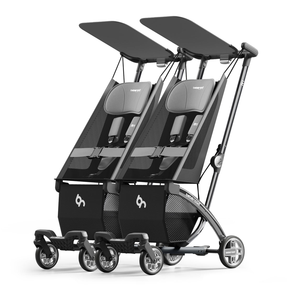 Beberoad Love R1 auto-folding twin stroller folded for easy storage.