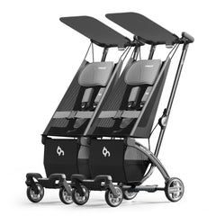Beberoad Love R1 auto-folding twin stroller folded for easy storage.
