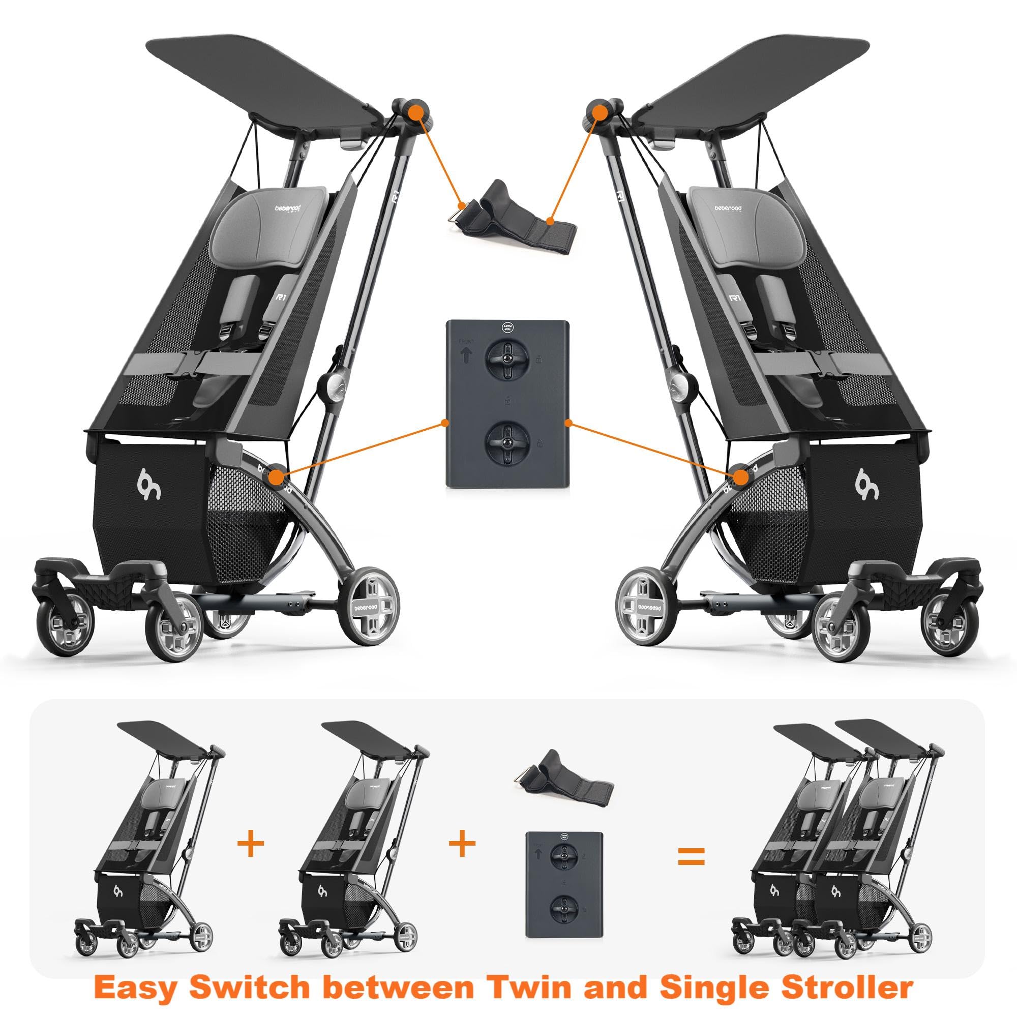 Beberoad Love R1 twin stroller converted to two single strollers for travel.