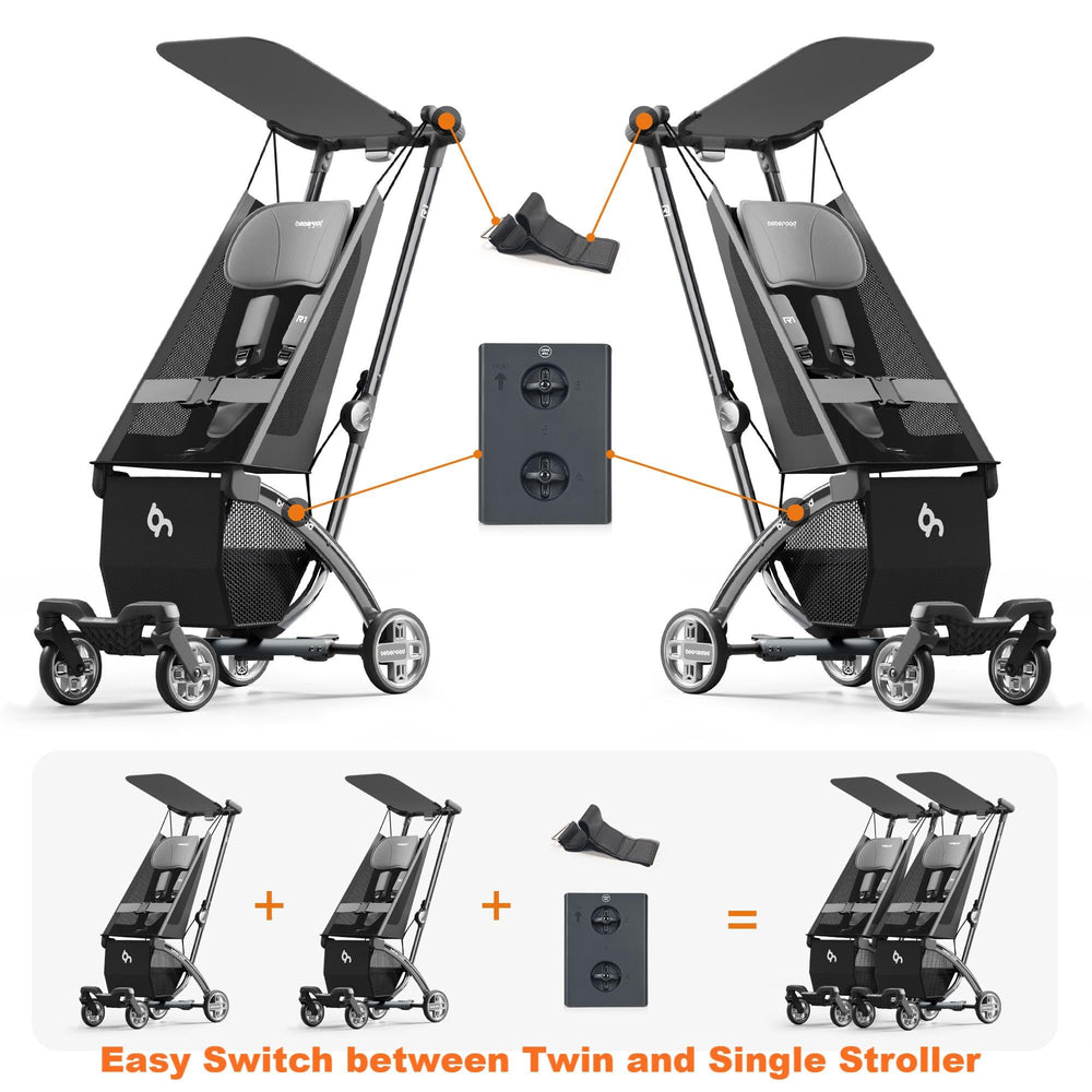 Beberoad Love R1 twin stroller converted to two single strollers for travel.