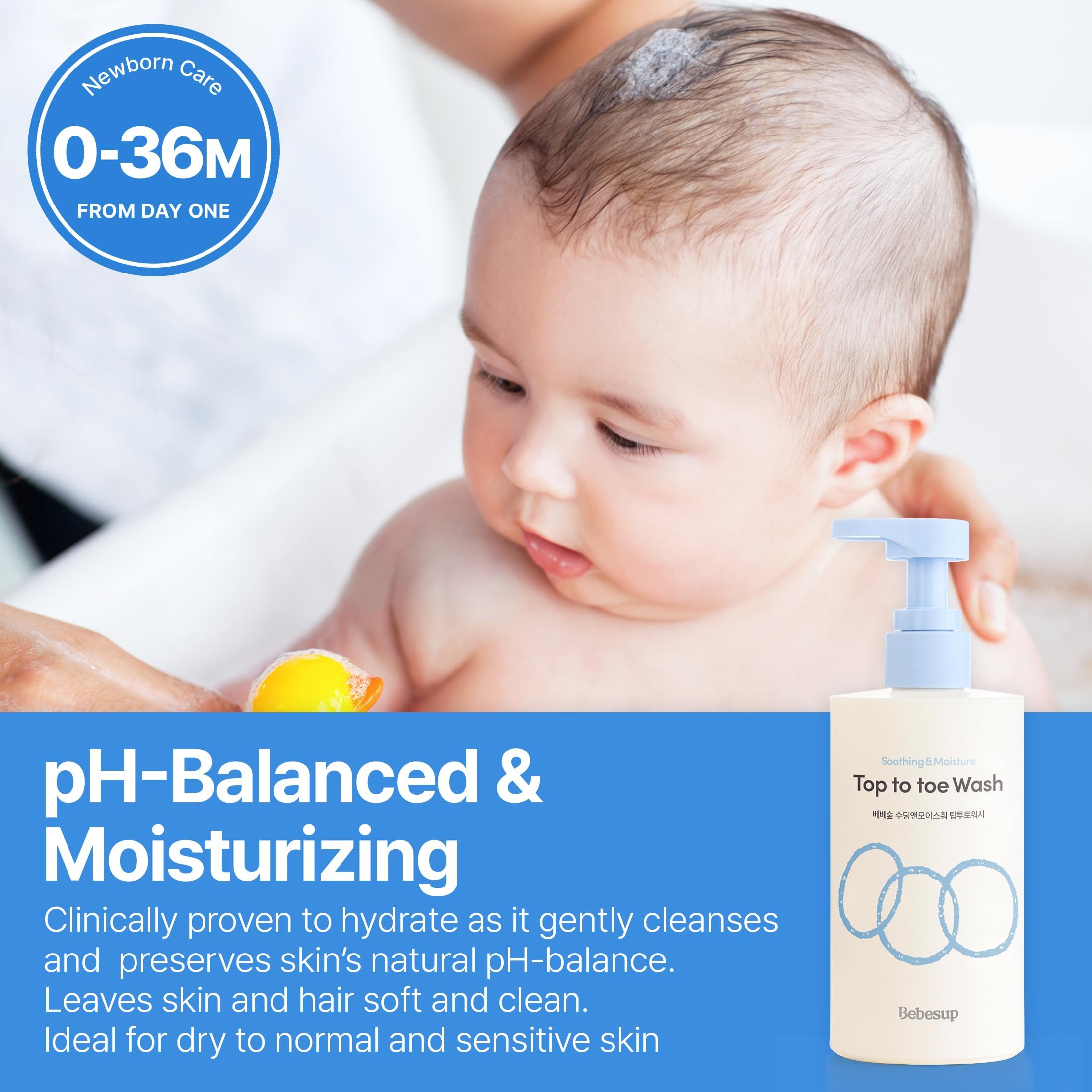 BEBESUP head-to-toe wash bottle back highlighting clean label free from parabens and artificial fragrances.