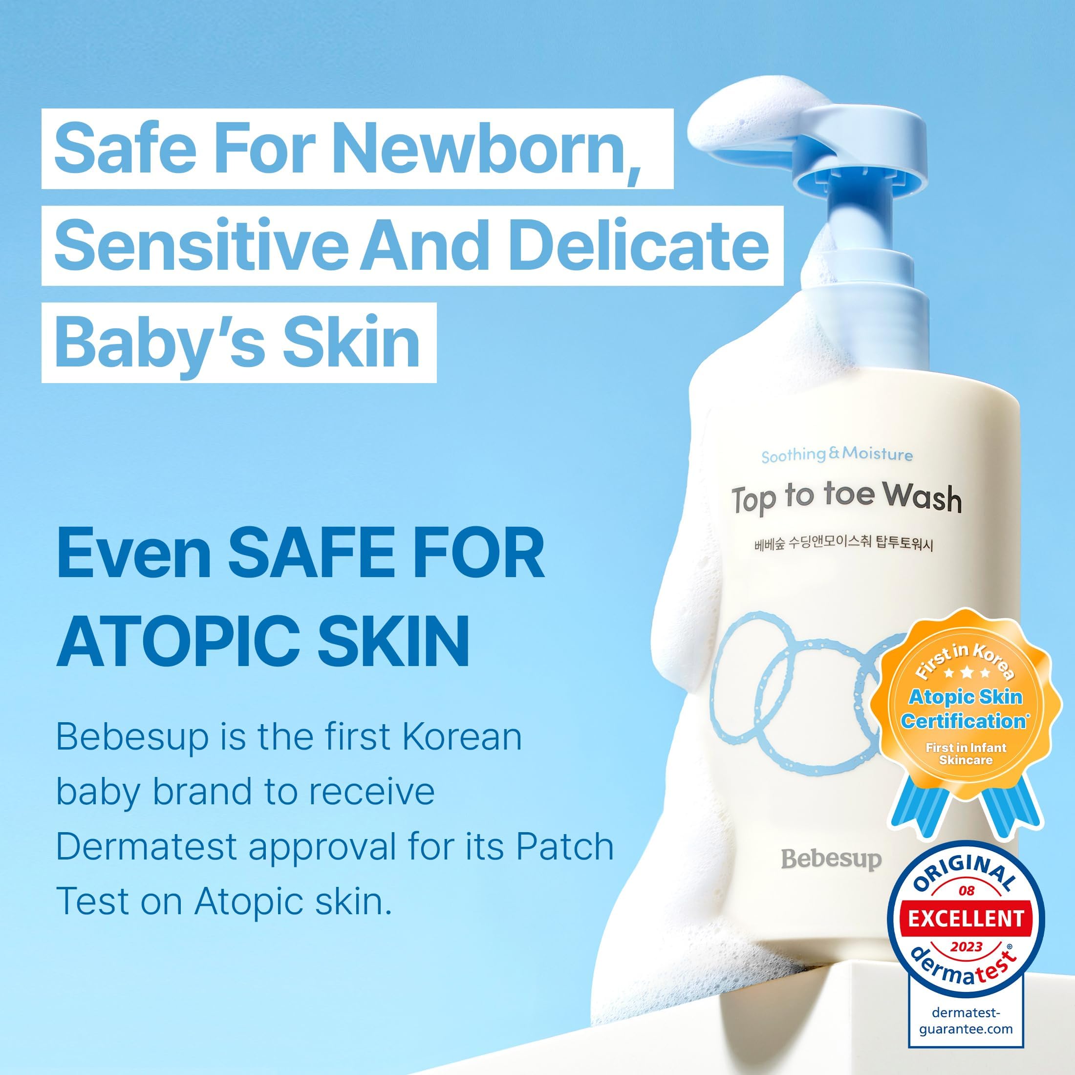 BEBESUP head-to-toe wash bottle side angle showing soft foam formula ideal for daily use.