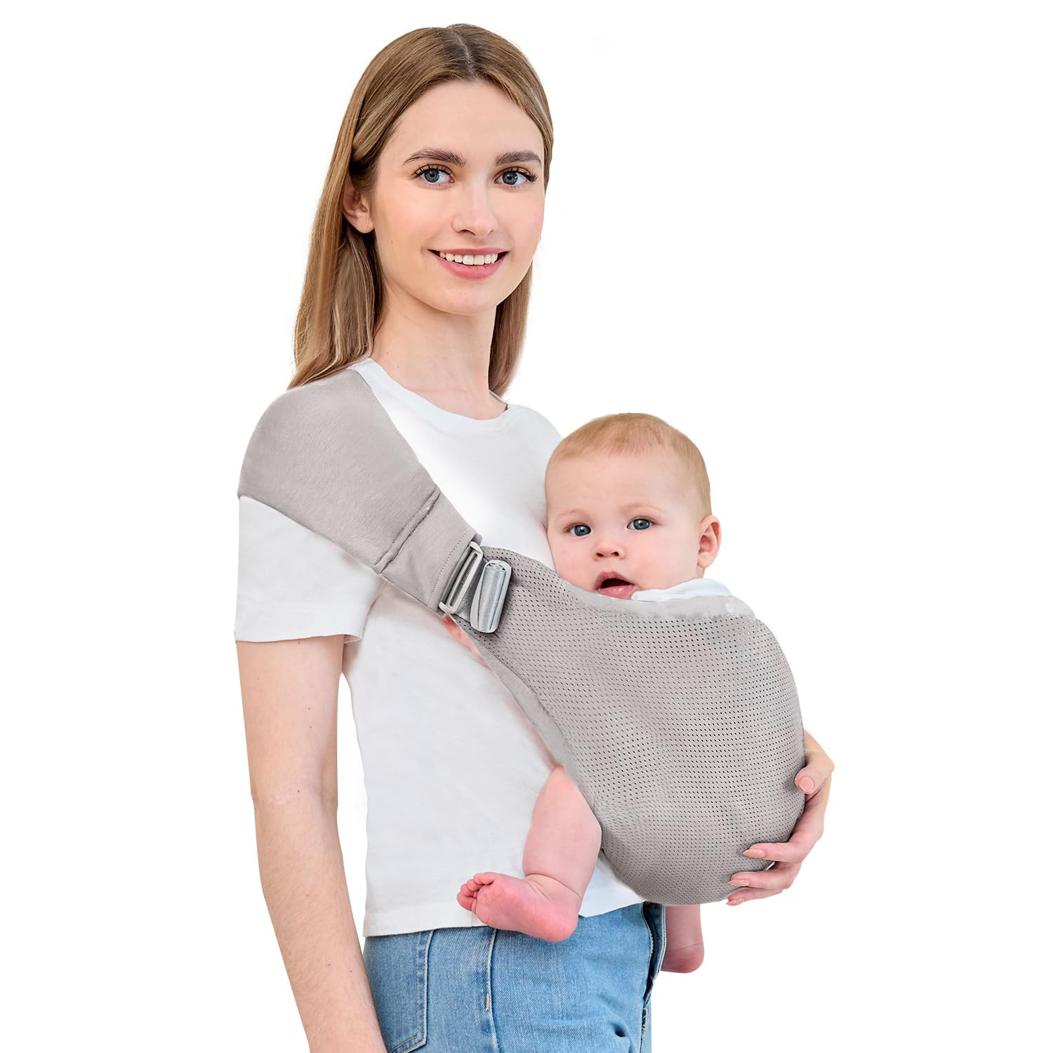 Bebless baby carrier front view in light grey showing compact profile and comfort